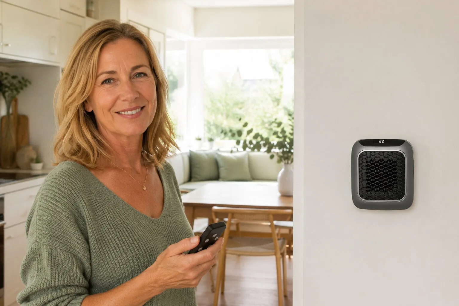 Lynn using the HeatMe Pro remote in her breakfast nook